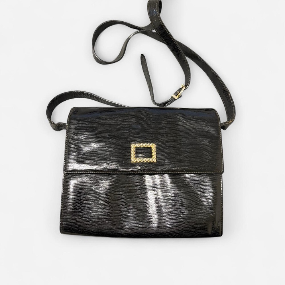 Vintage Salvatore Ferragamo Black Embossed Leather Shoulder Bag